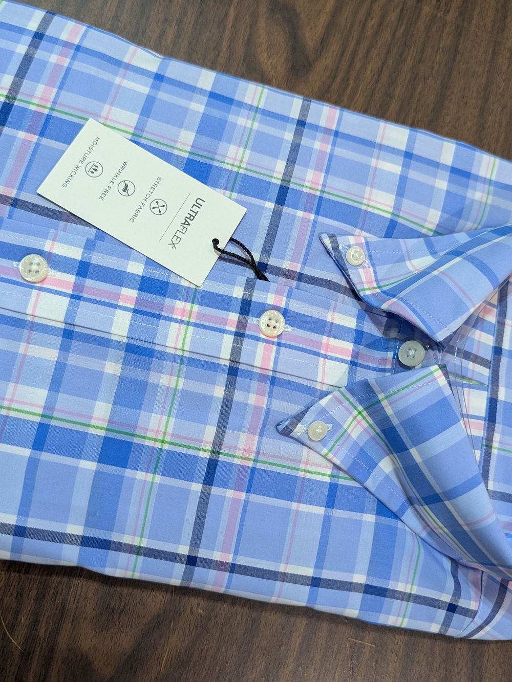 Ralph Lauren Blue Plaid Dress Shirt with Pink & Green Accents